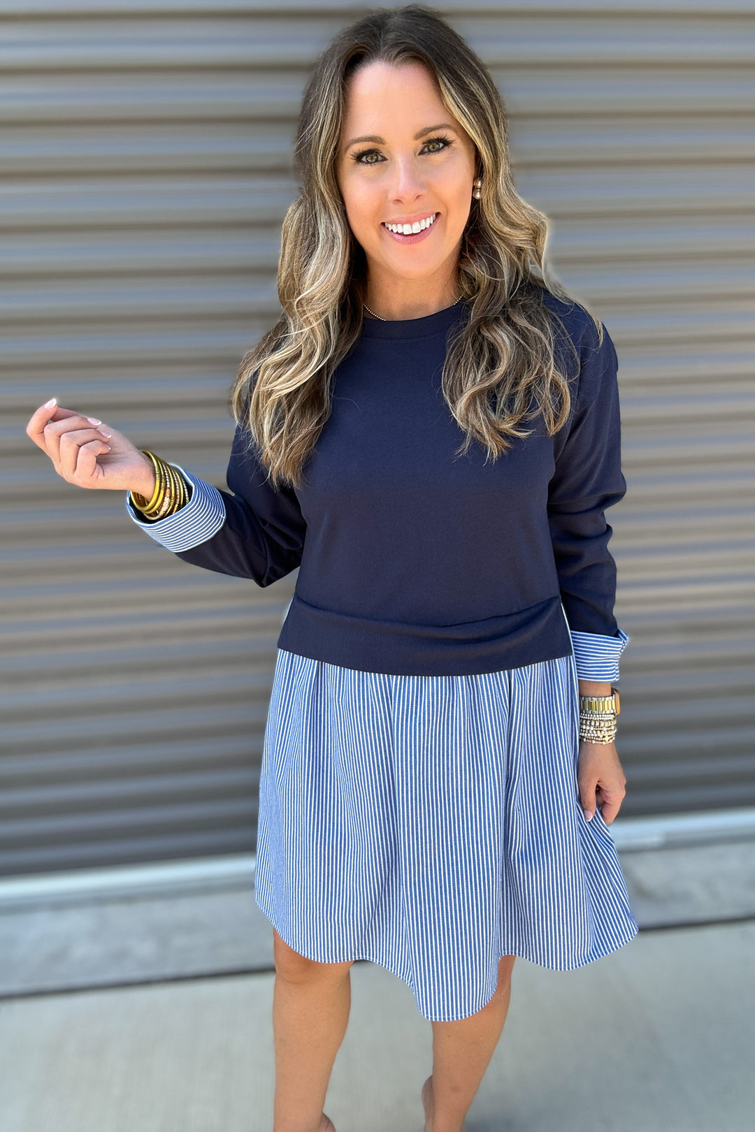 Getting Classy Mixed-fabric Dress - Navy