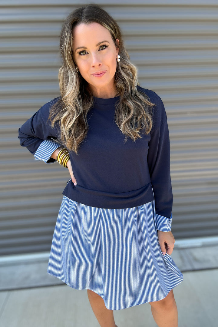 Getting Classy Mixed-fabric Dress - Navy