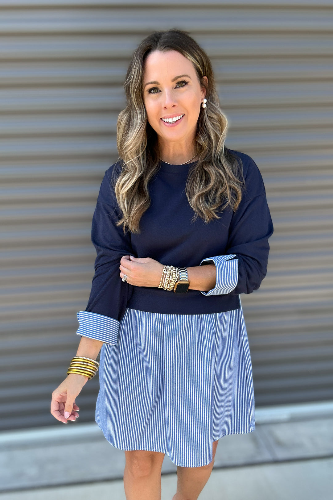 Getting Classy Mixed-fabric Dress - Navy