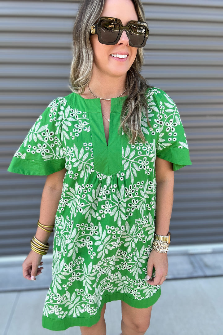 Palm Breeze Embroidered Dress - Green