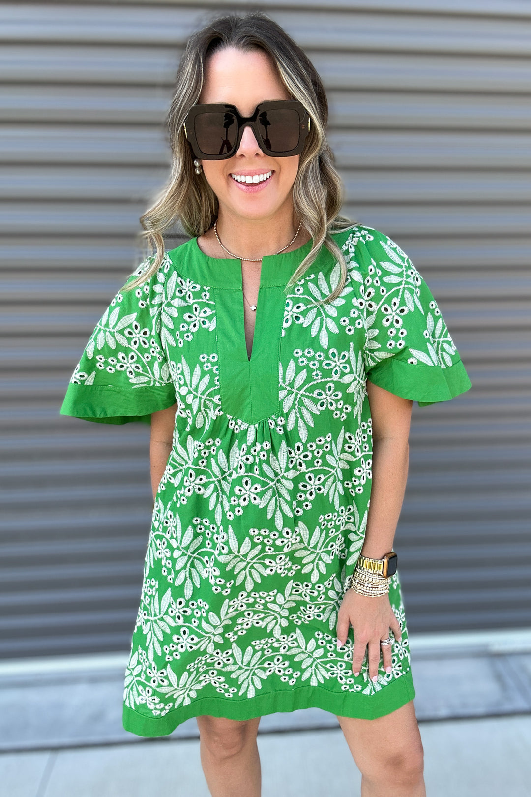 Palm Breeze Embroidered Dress - Green