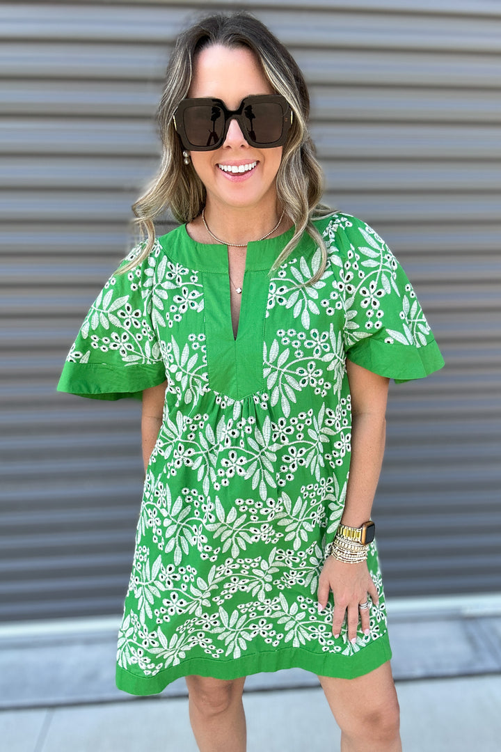 Palm Breeze Embroidered Dress - Green