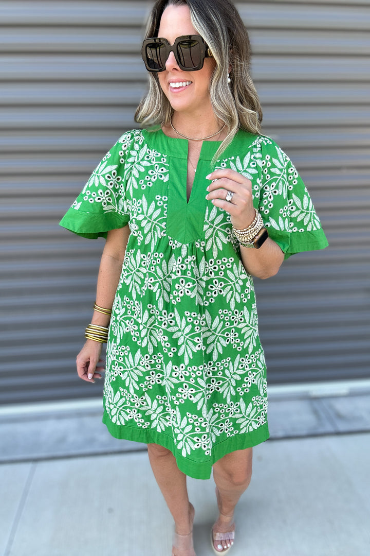Palm Breeze Embroidered Dress - Green