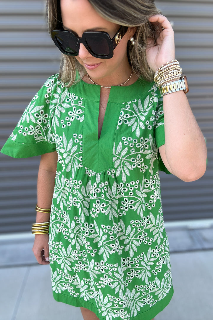 Palm Breeze Embroidered Dress - Green