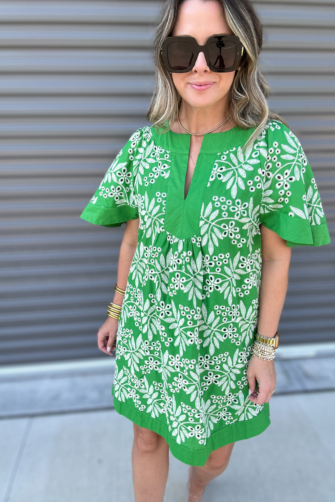 Palm Breeze Embroidered Dress - Green