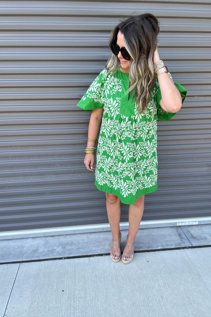 Palm Breeze Embroidered Dress - Green