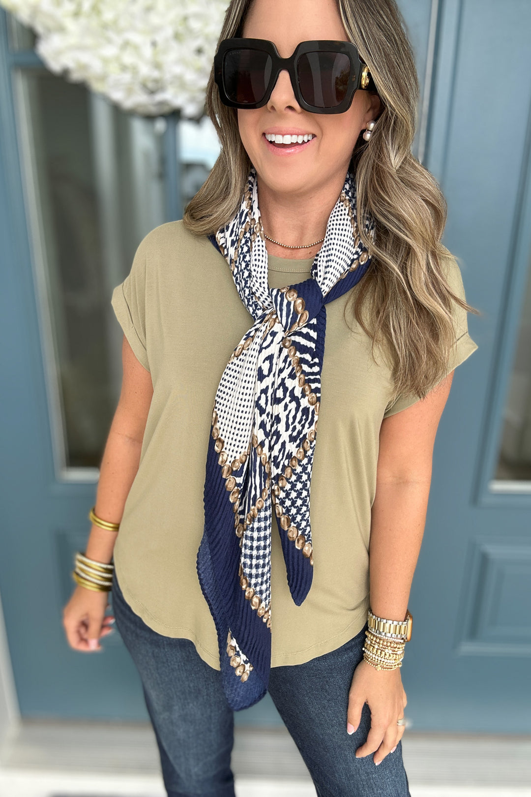 Navy LEOPARD PLEATS BANDANA SCARF