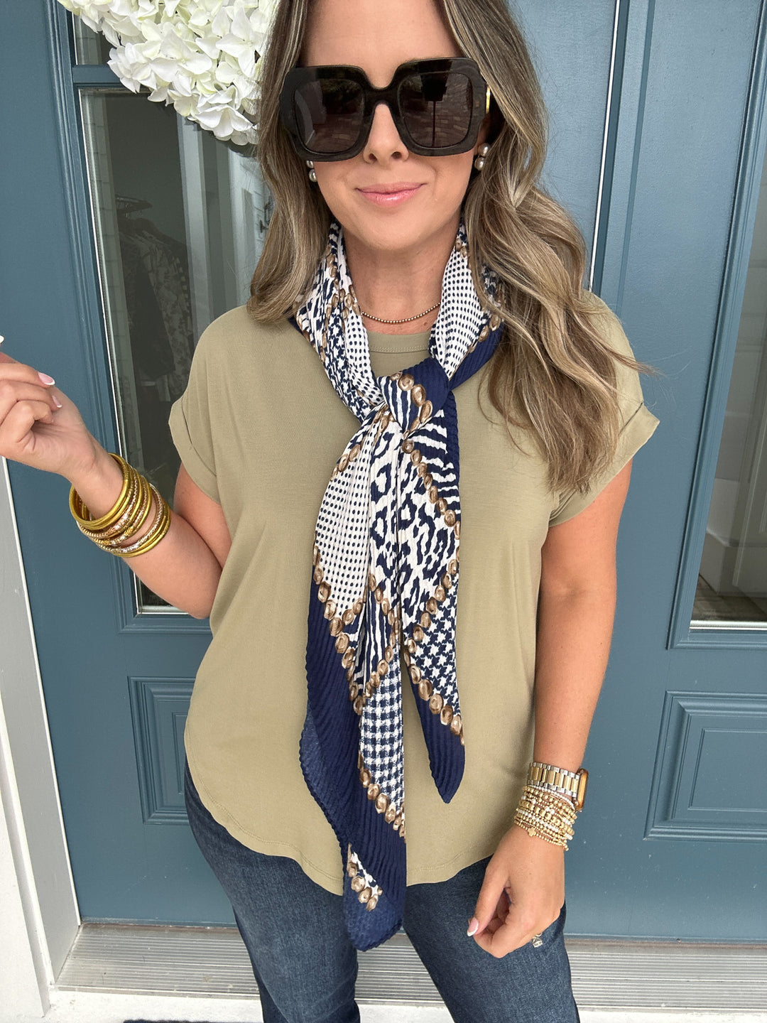 Navy LEOPARD PLEATS BANDANA SCARF