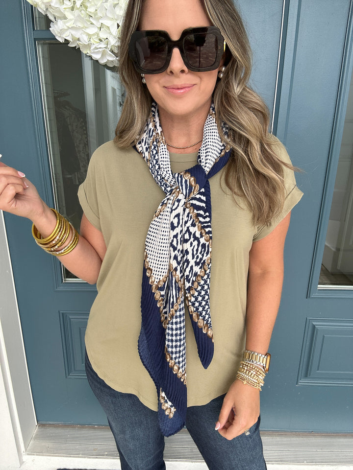 Navy LEOPARD PLEATS BANDANA SCARF