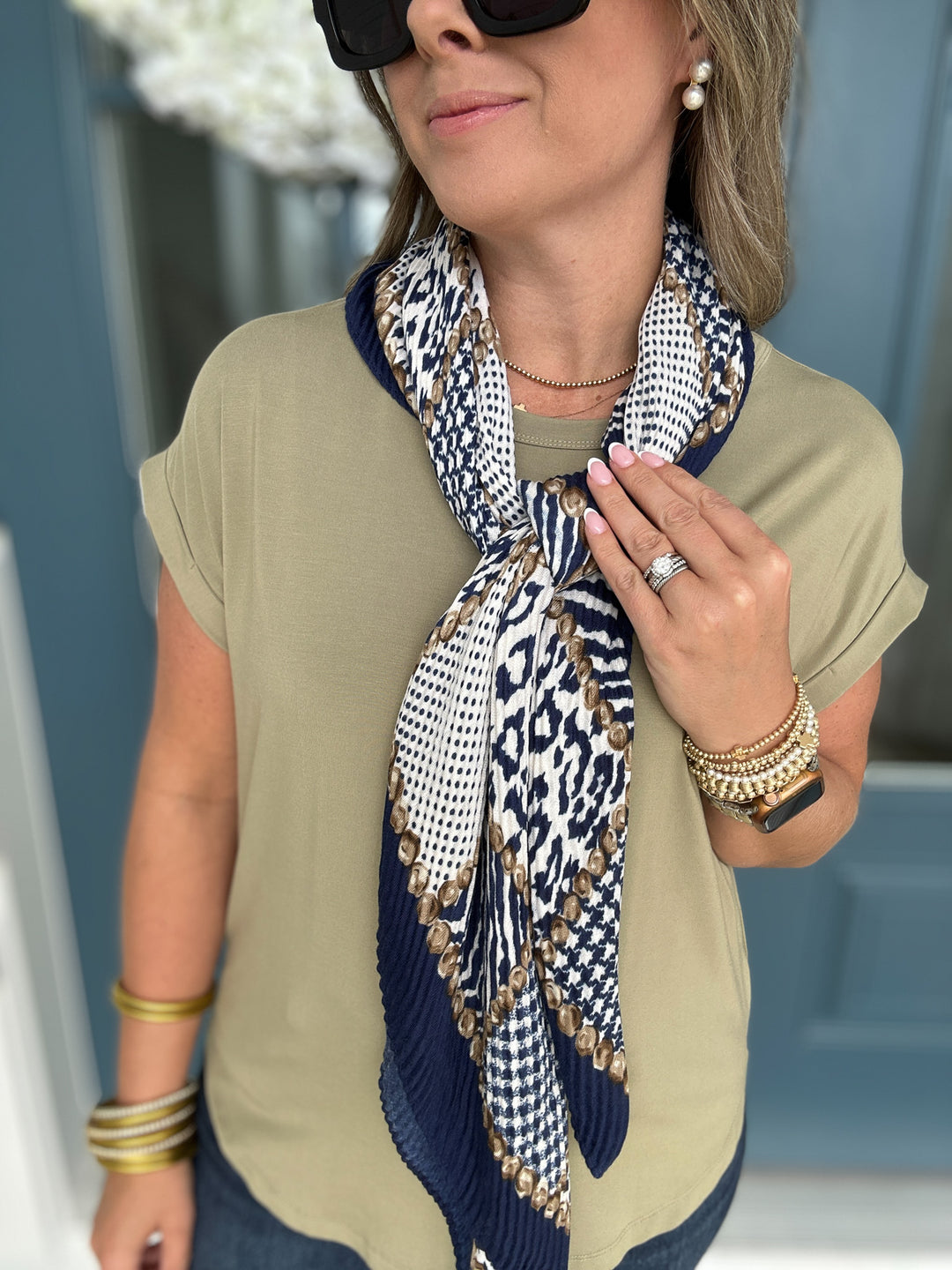 Navy LEOPARD PLEATS BANDANA SCARF