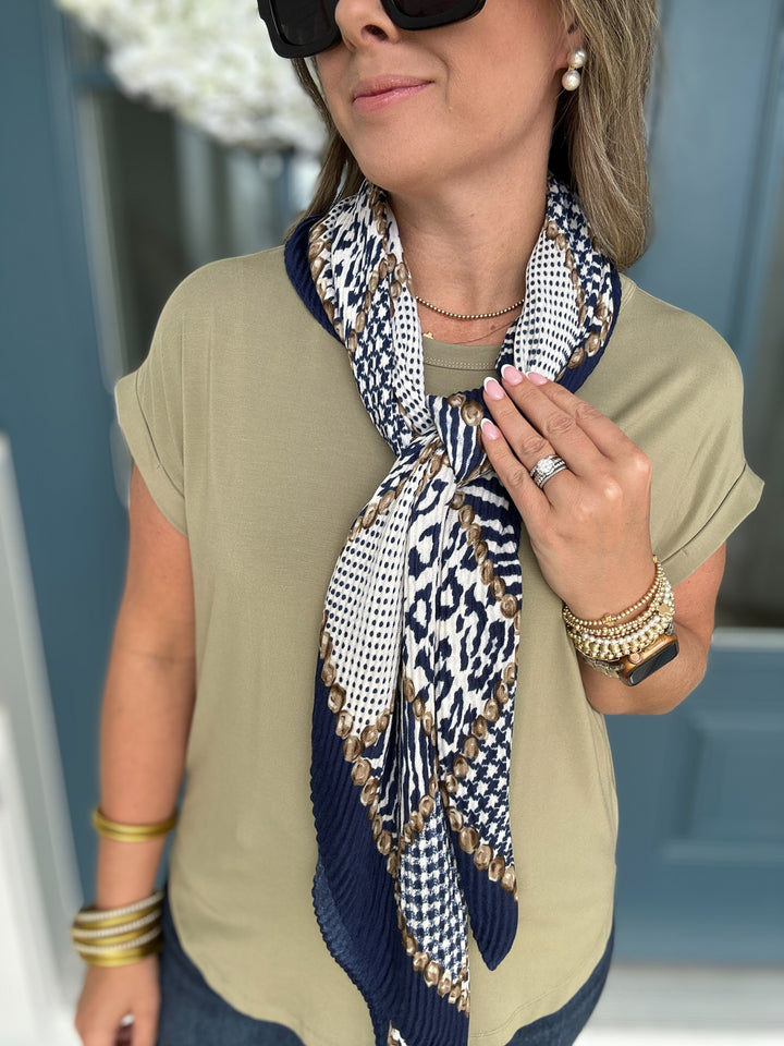 Navy LEOPARD PLEATS BANDANA SCARF