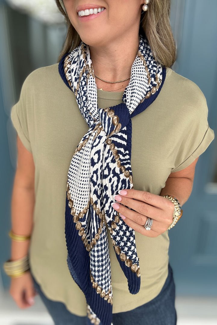 Navy LEOPARD PLEATS BANDANA SCARF