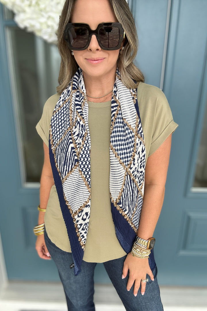 Navy LEOPARD PLEATS BANDANA SCARF