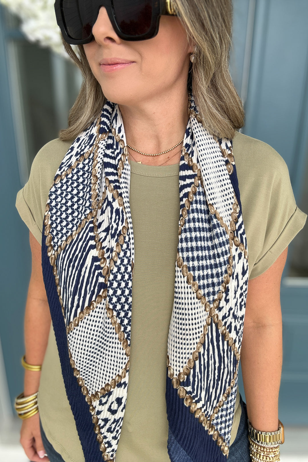 Navy LEOPARD PLEATS BANDANA SCARF