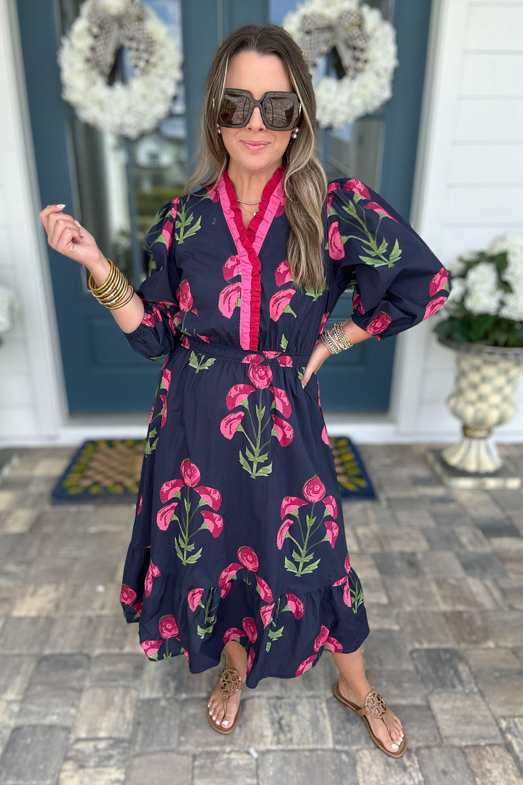 Ruffle Bloom Midi Dress - Navy
