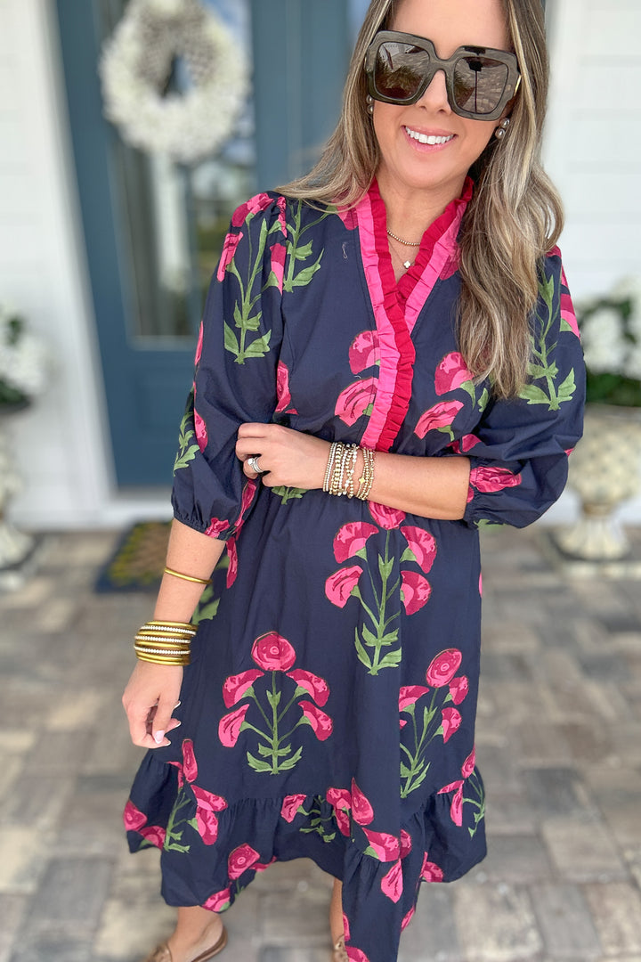 Ruffle Bloom Midi Dress - Navy