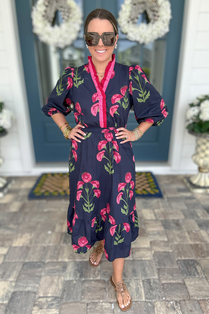 Ruffle Bloom Midi Dress - Navy