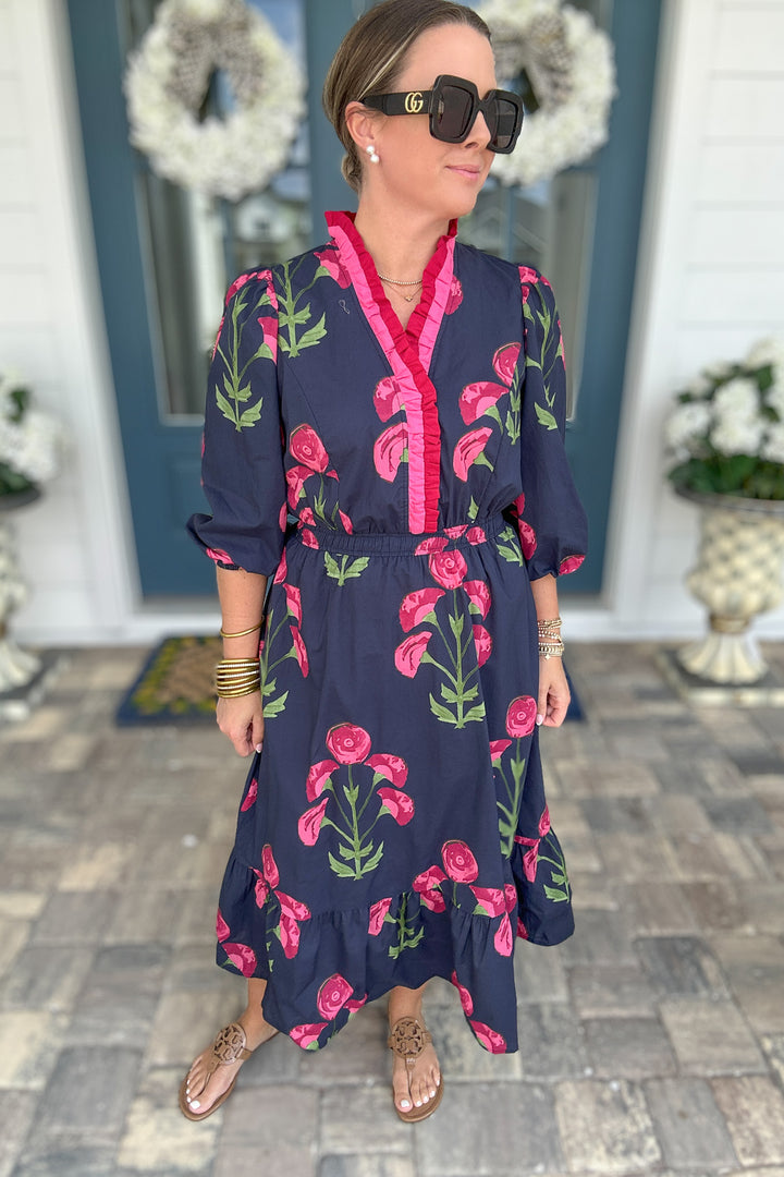 Ruffle Bloom Midi Dress - Navy