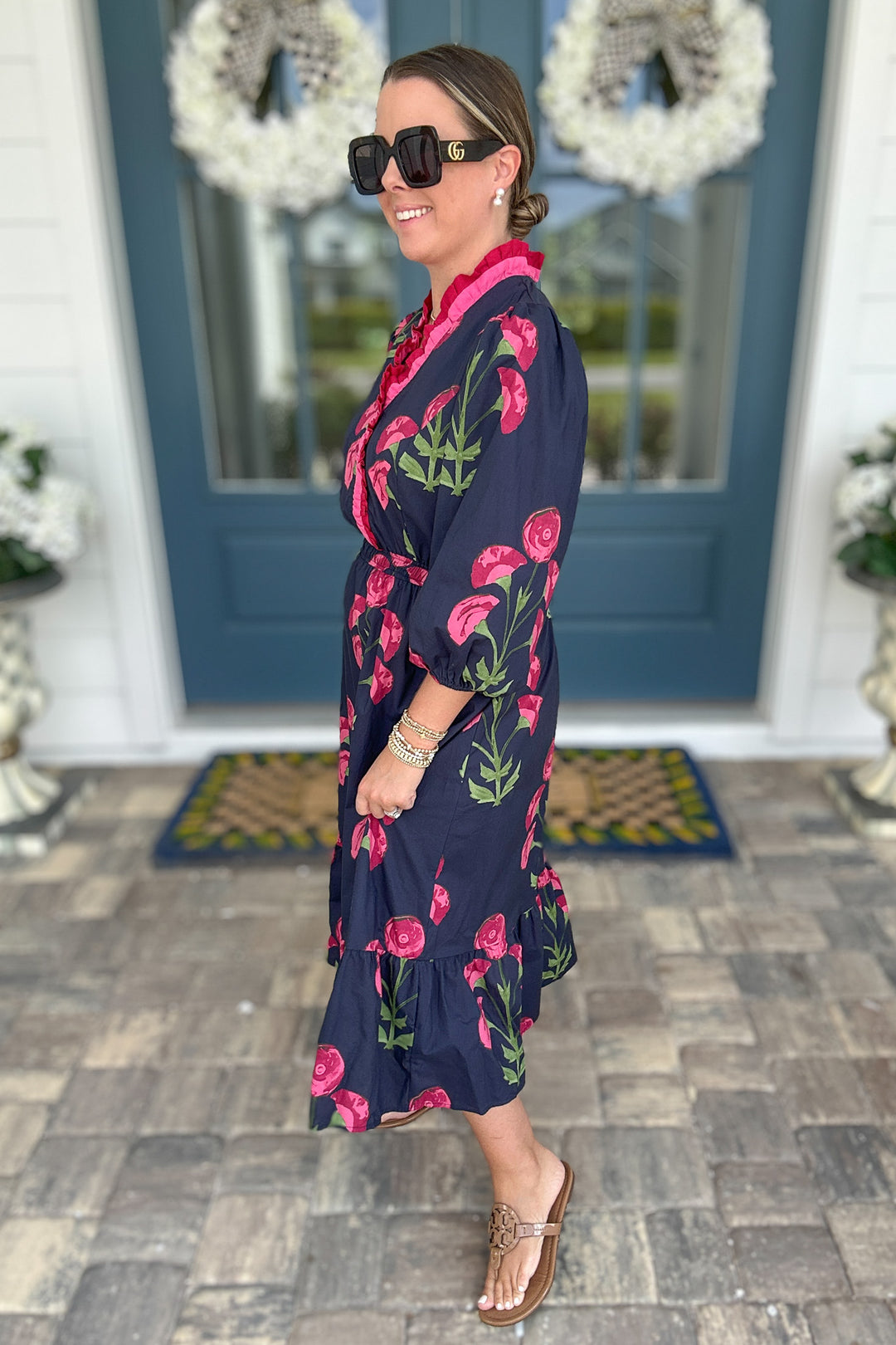 Ruffle Bloom Midi Dress - Navy