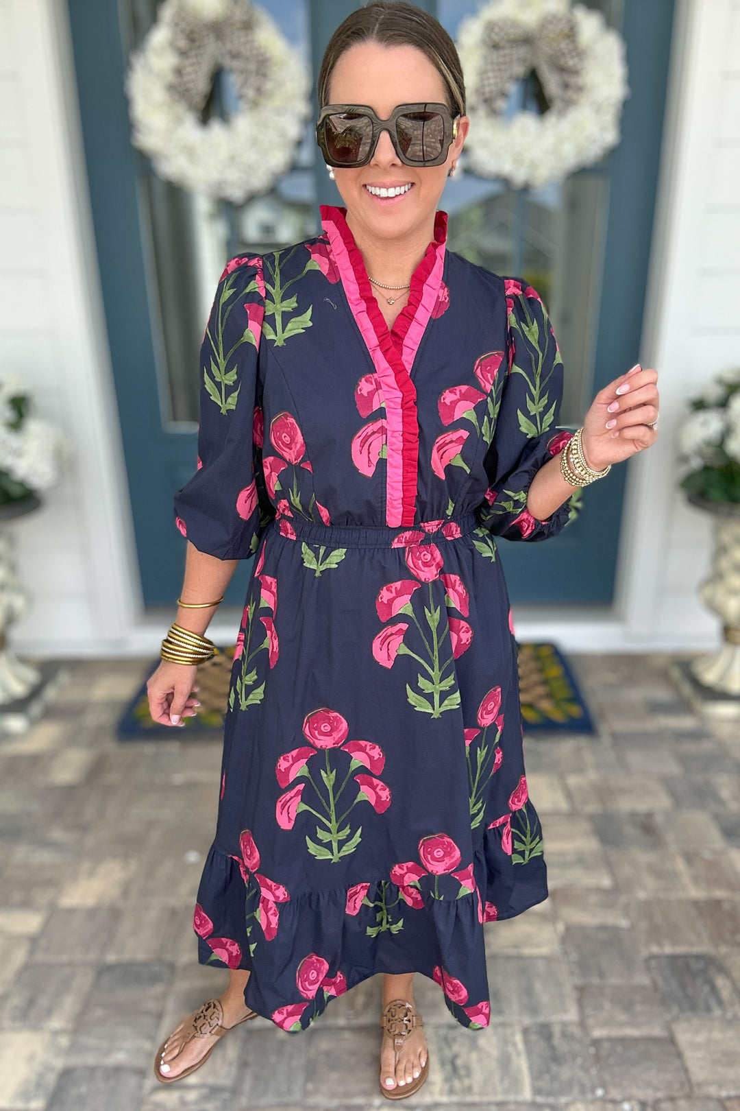 Ruffle Bloom Midi Dress - Navy