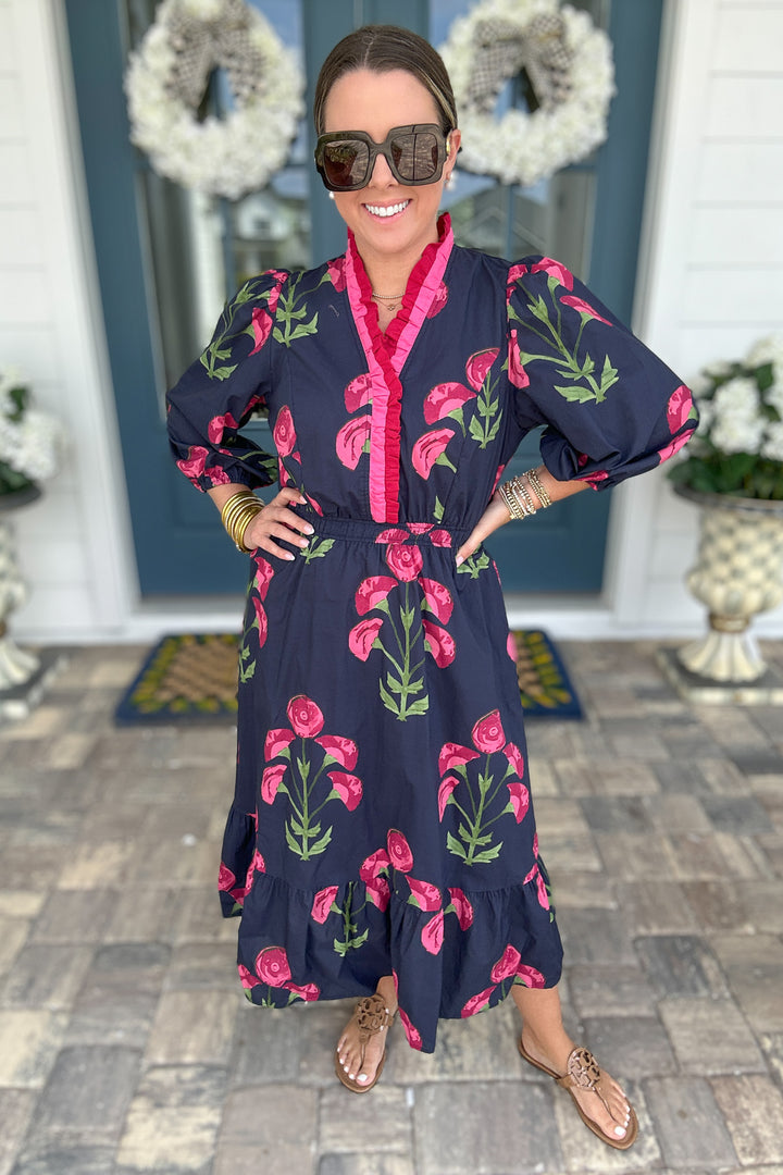 Ruffle Bloom Midi Dress - Navy
