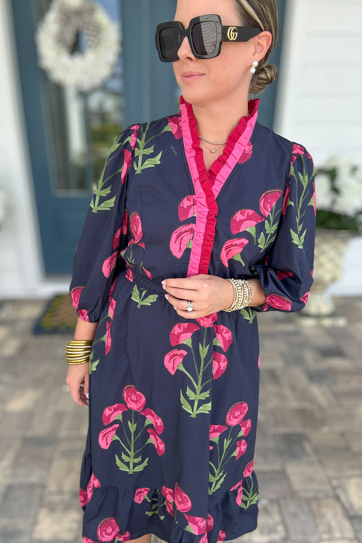 Ruffle Bloom Midi Dress - Navy