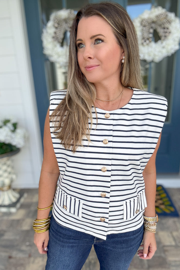 Stripes Cardigan Vest Top - Navy
