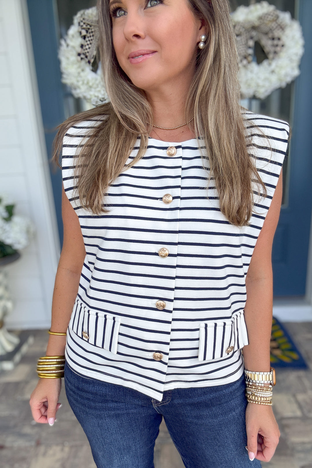 Stripes Cardigan Vest Top - Navy