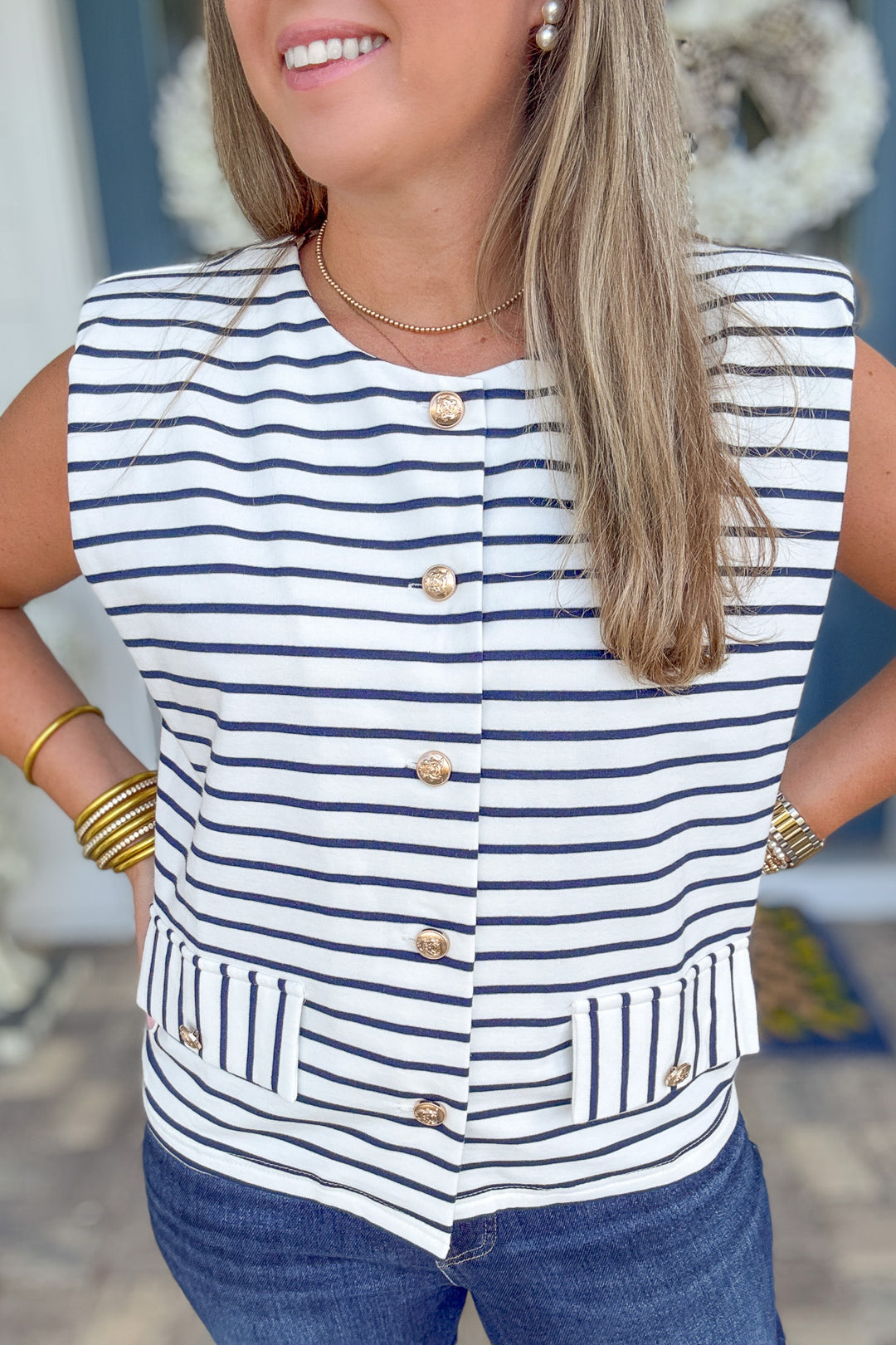 Stripes Cardigan Vest Top - Navy