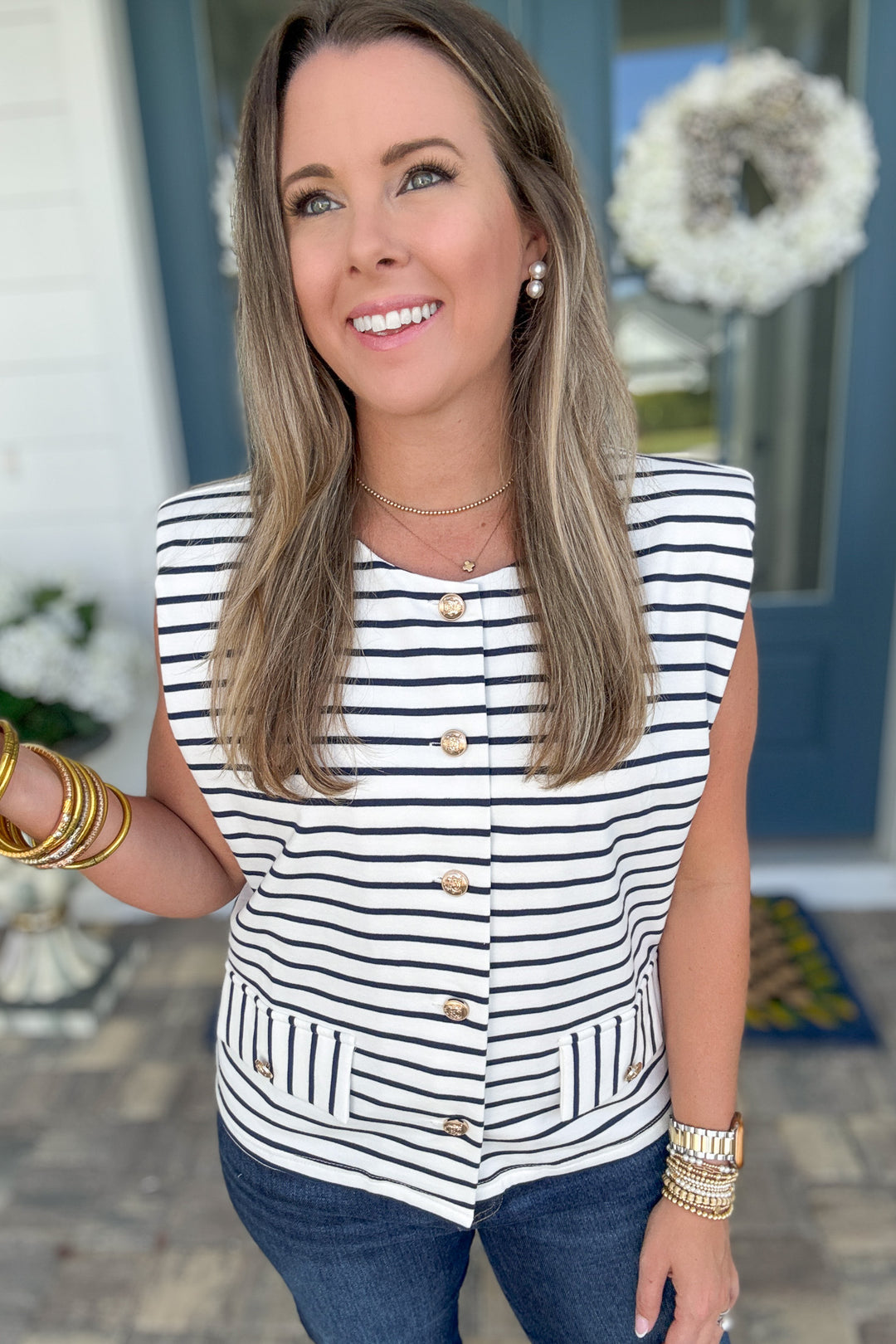 Stripes Cardigan Vest Top - Navy