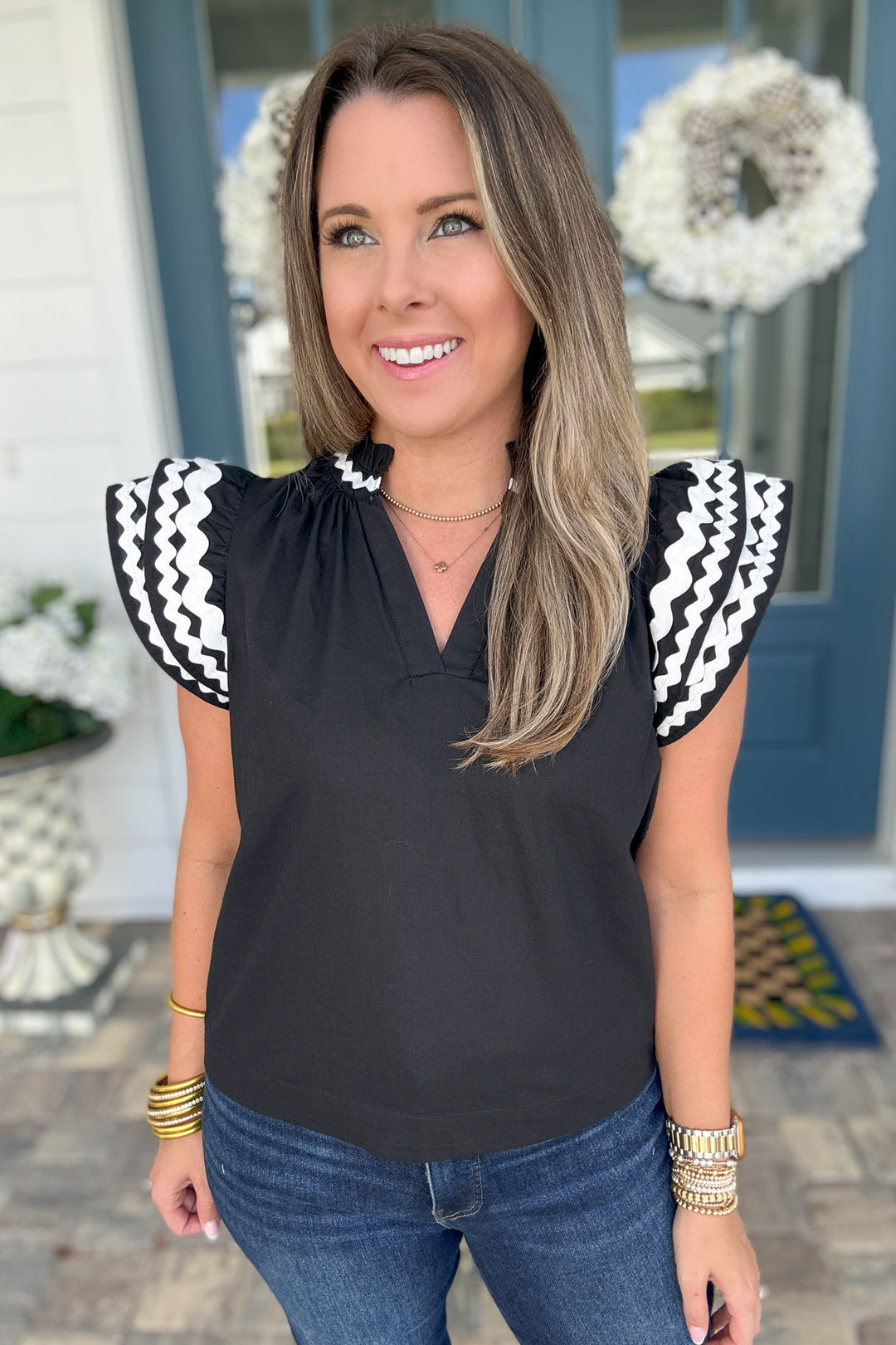 Embroidered Ruffle Sleeve Blouse - Black