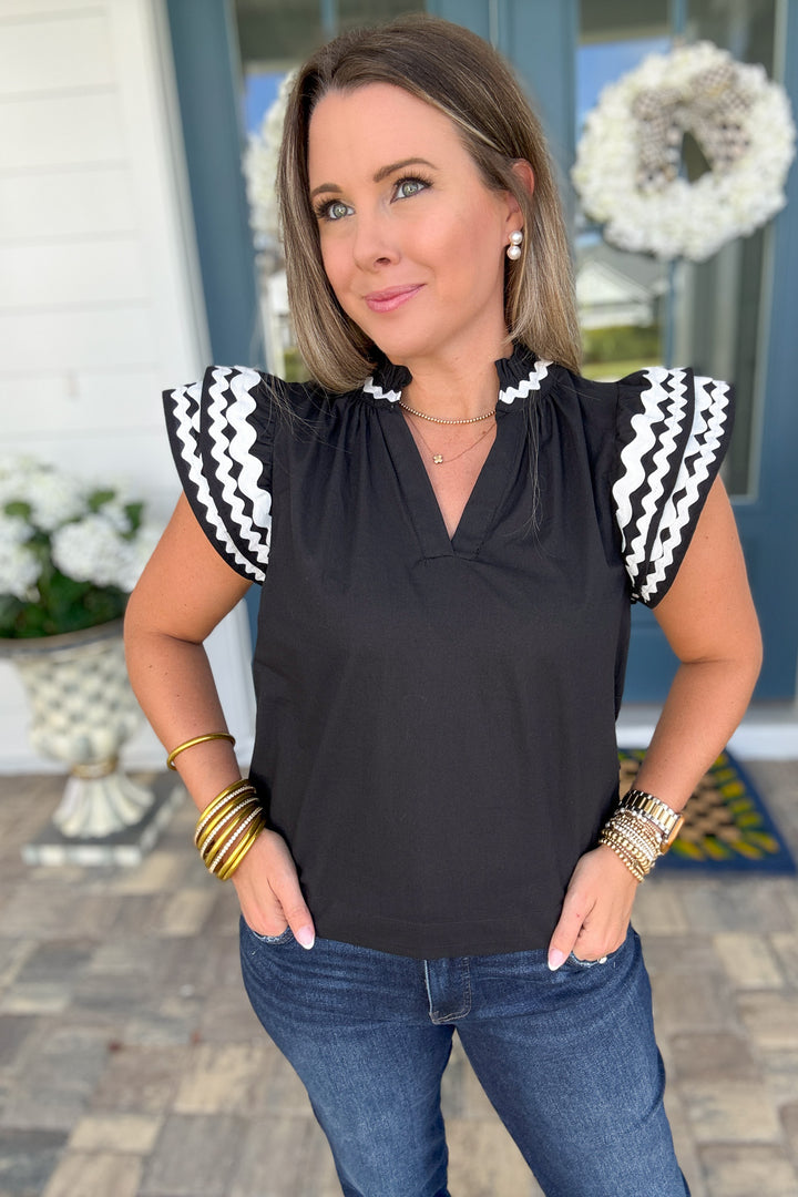 Embroidered Ruffle Sleeve Blouse - Black