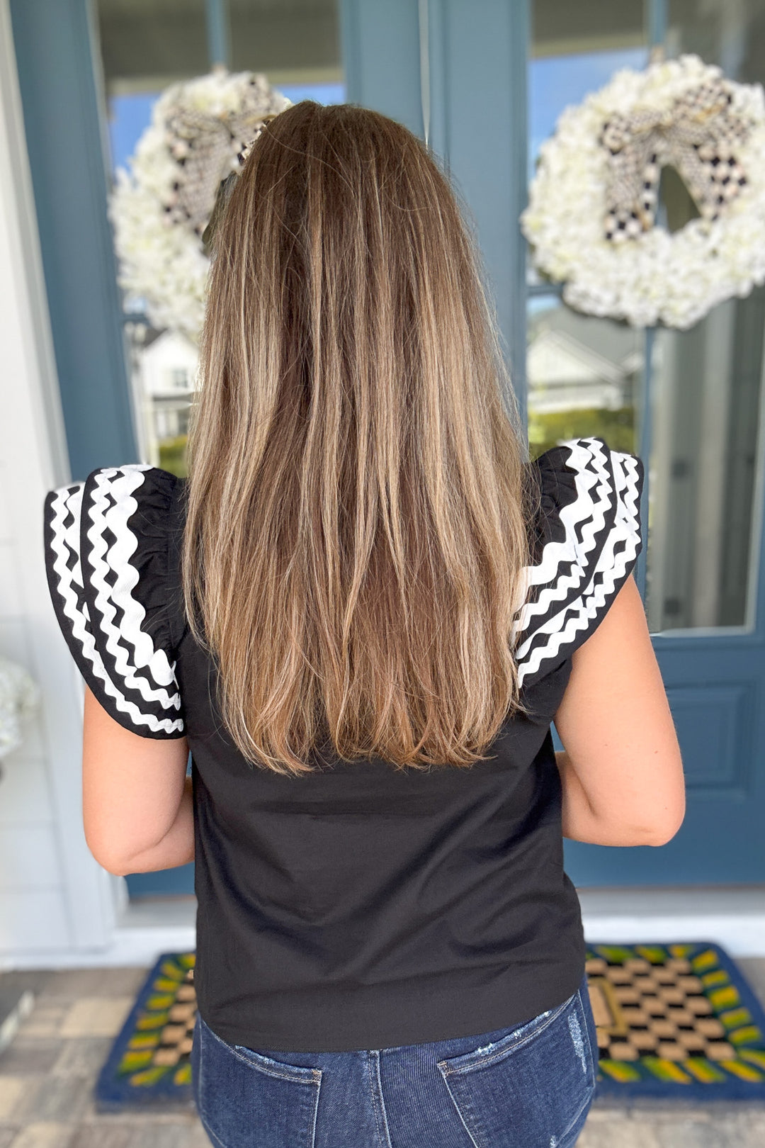 Embroidered Ruffle Sleeve Blouse - Black