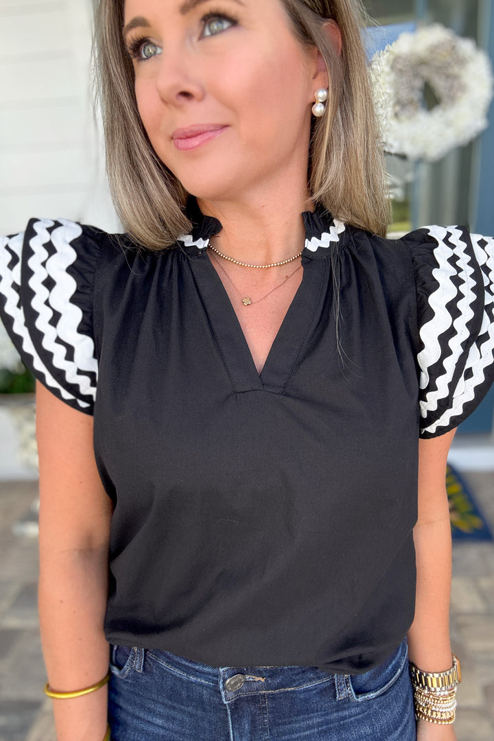 Embroidered Ruffle Sleeve Blouse - Black