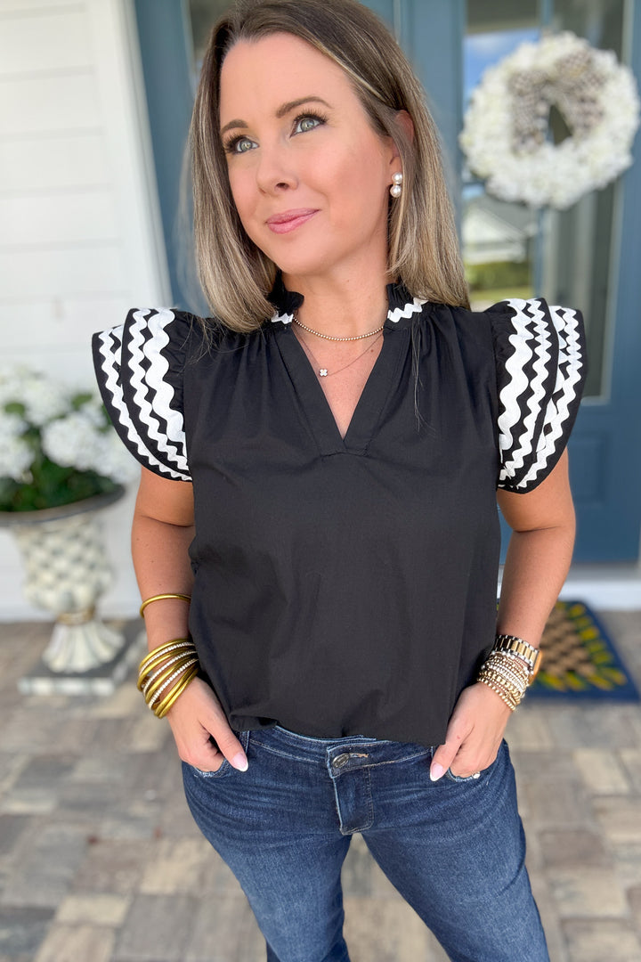 Embroidered Ruffle Sleeve Blouse - Black