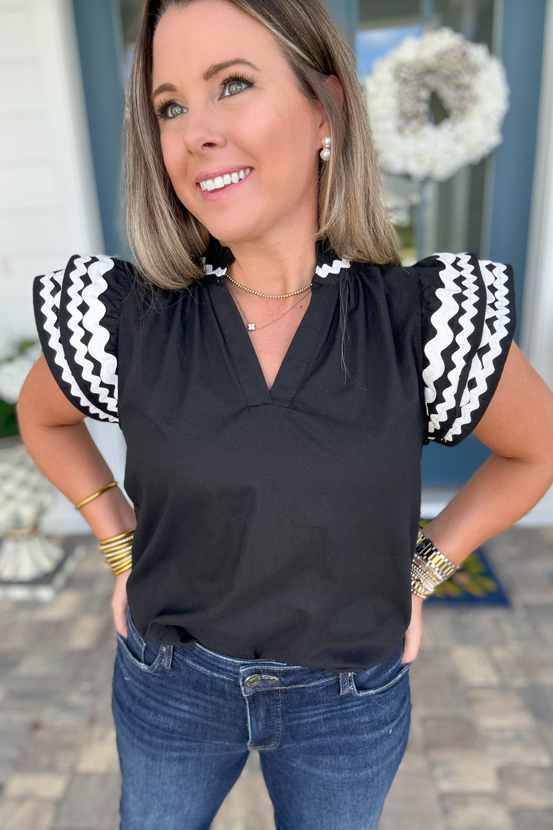 Embroidered Ruffle Sleeve Blouse - Black