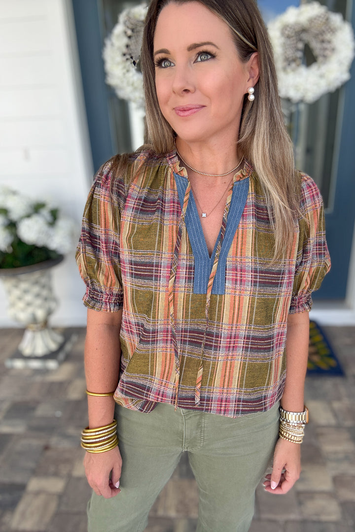 THML: Harvest Plaid Popover Top