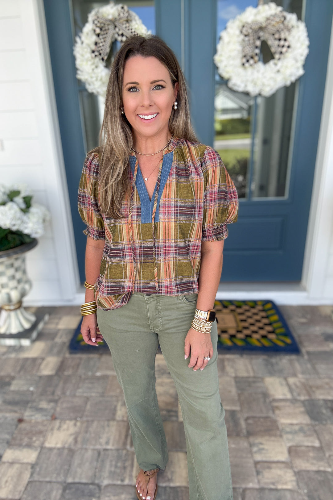 THML: Harvest Plaid Popover Top