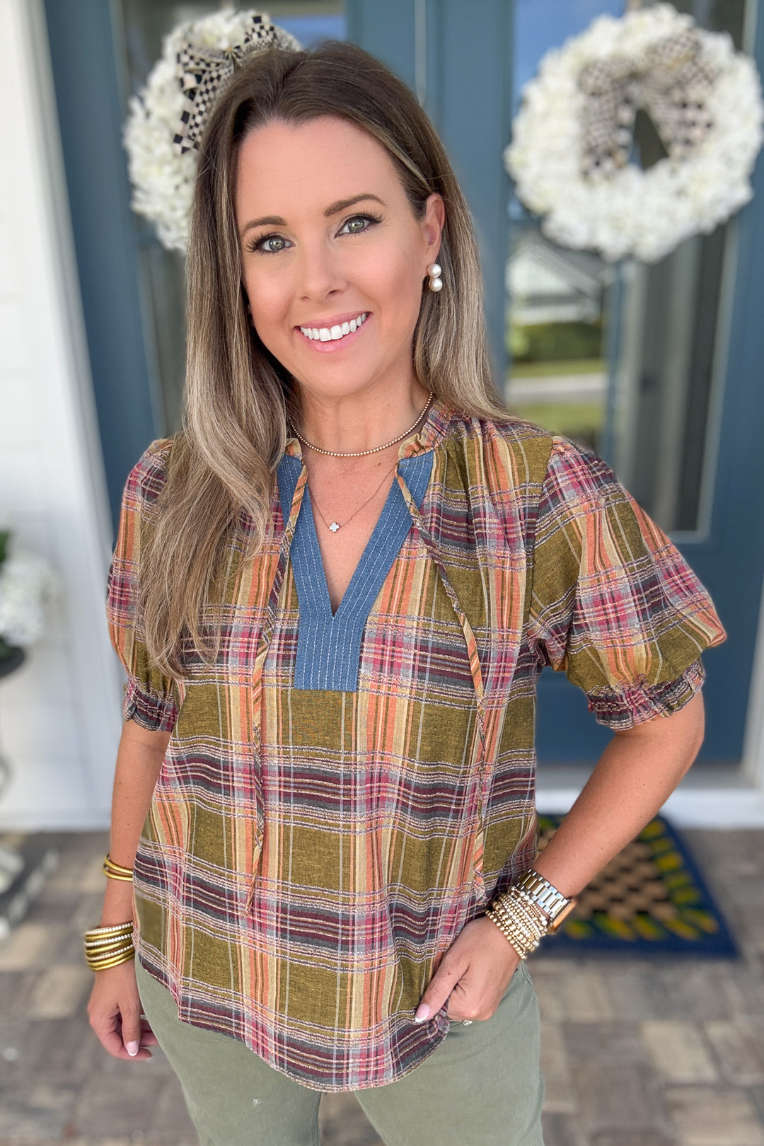 THML: Harvest Plaid Popover Top