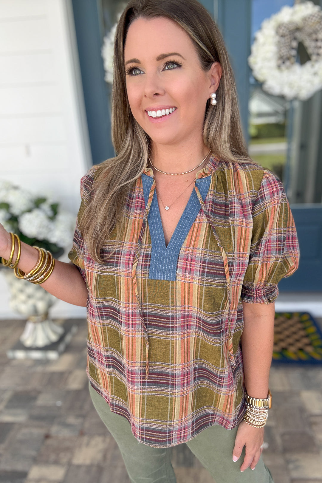 THML: Harvest Plaid Popover Top