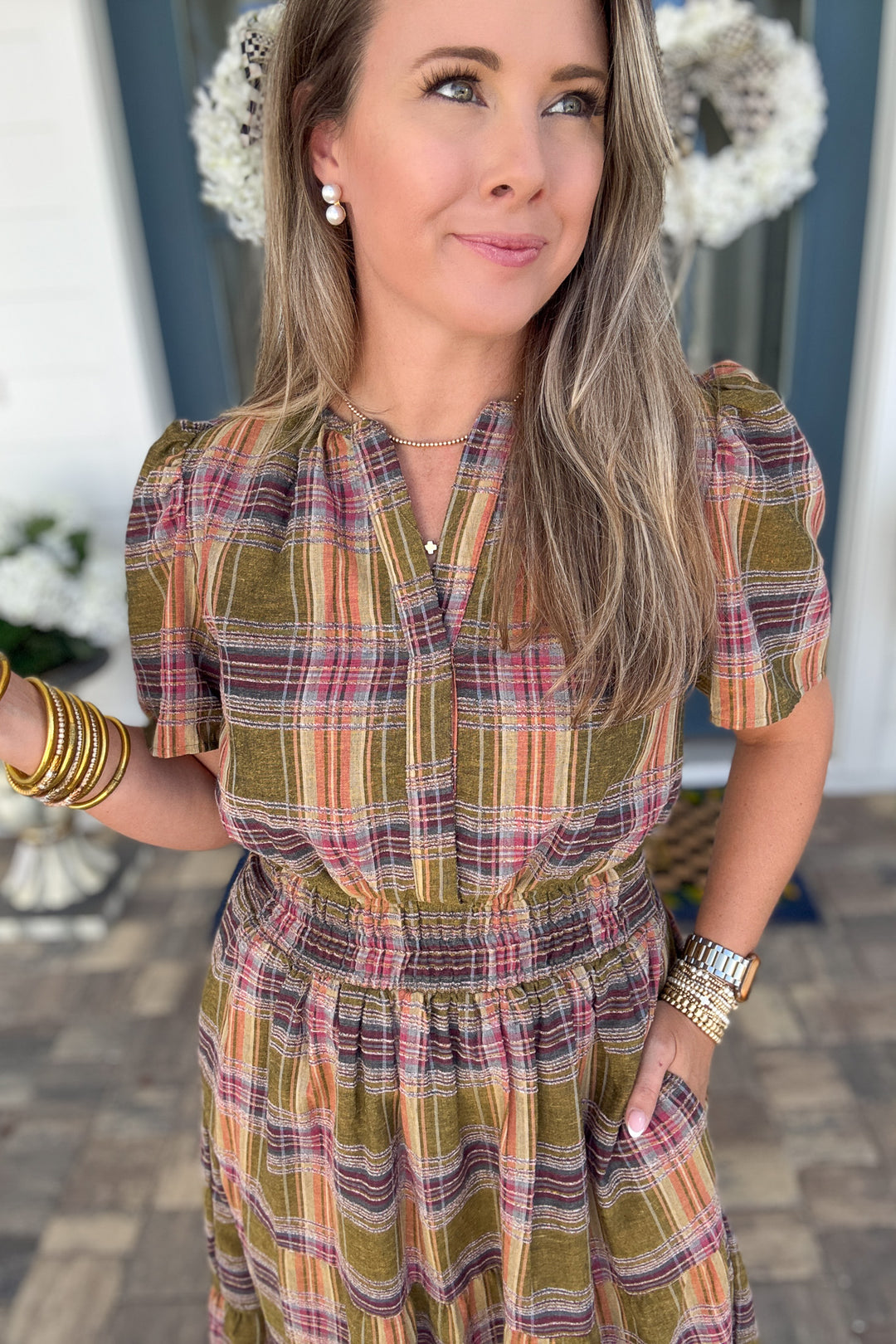 THML: Harvest Plaid Smocked Midi Dress