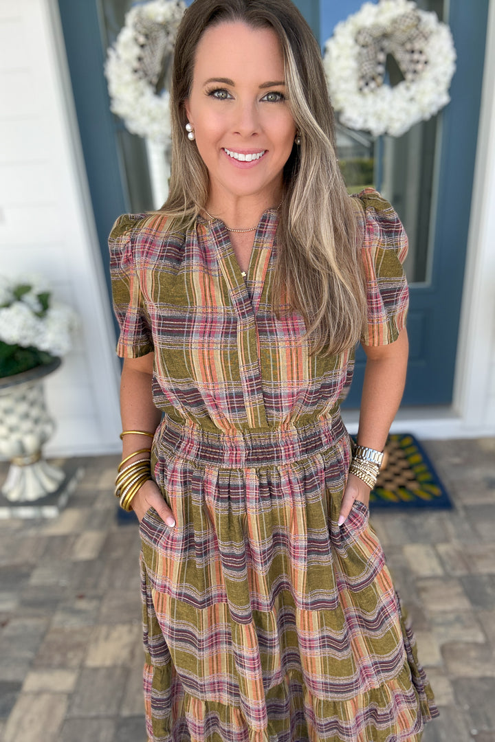 THML: Harvest Plaid Smocked Midi Dress