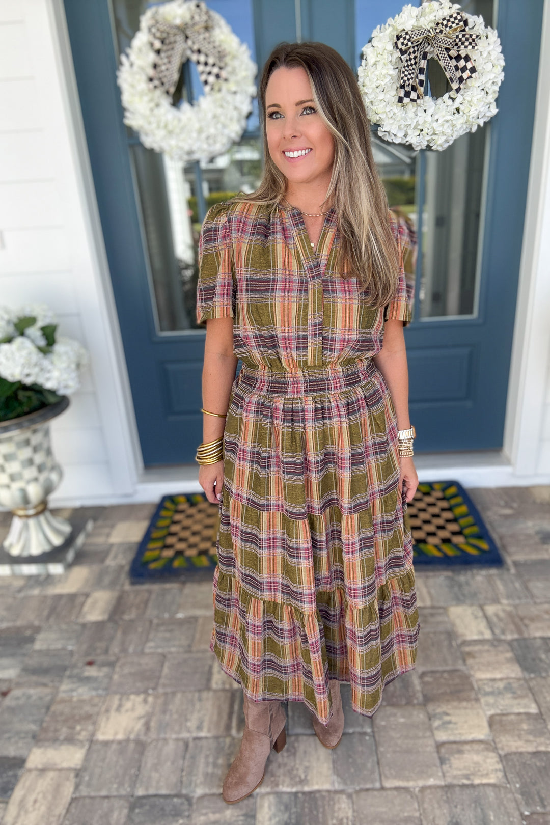THML: Harvest Plaid Smocked Midi Dress