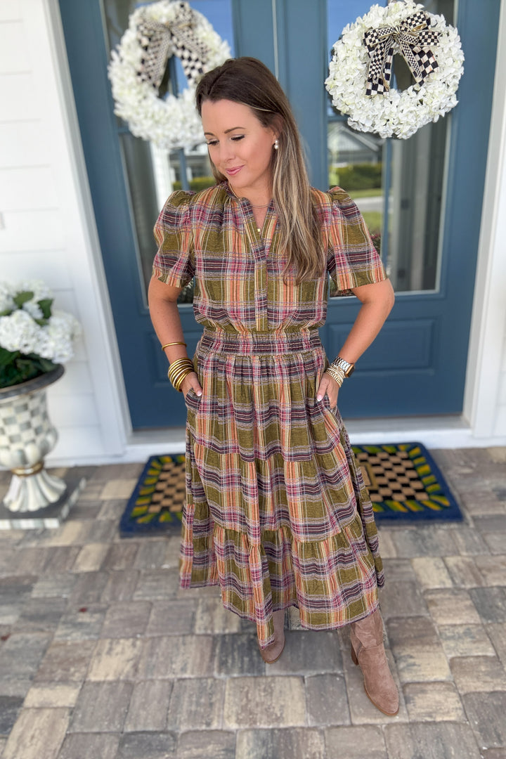 THML: Harvest Plaid Smocked Midi Dress