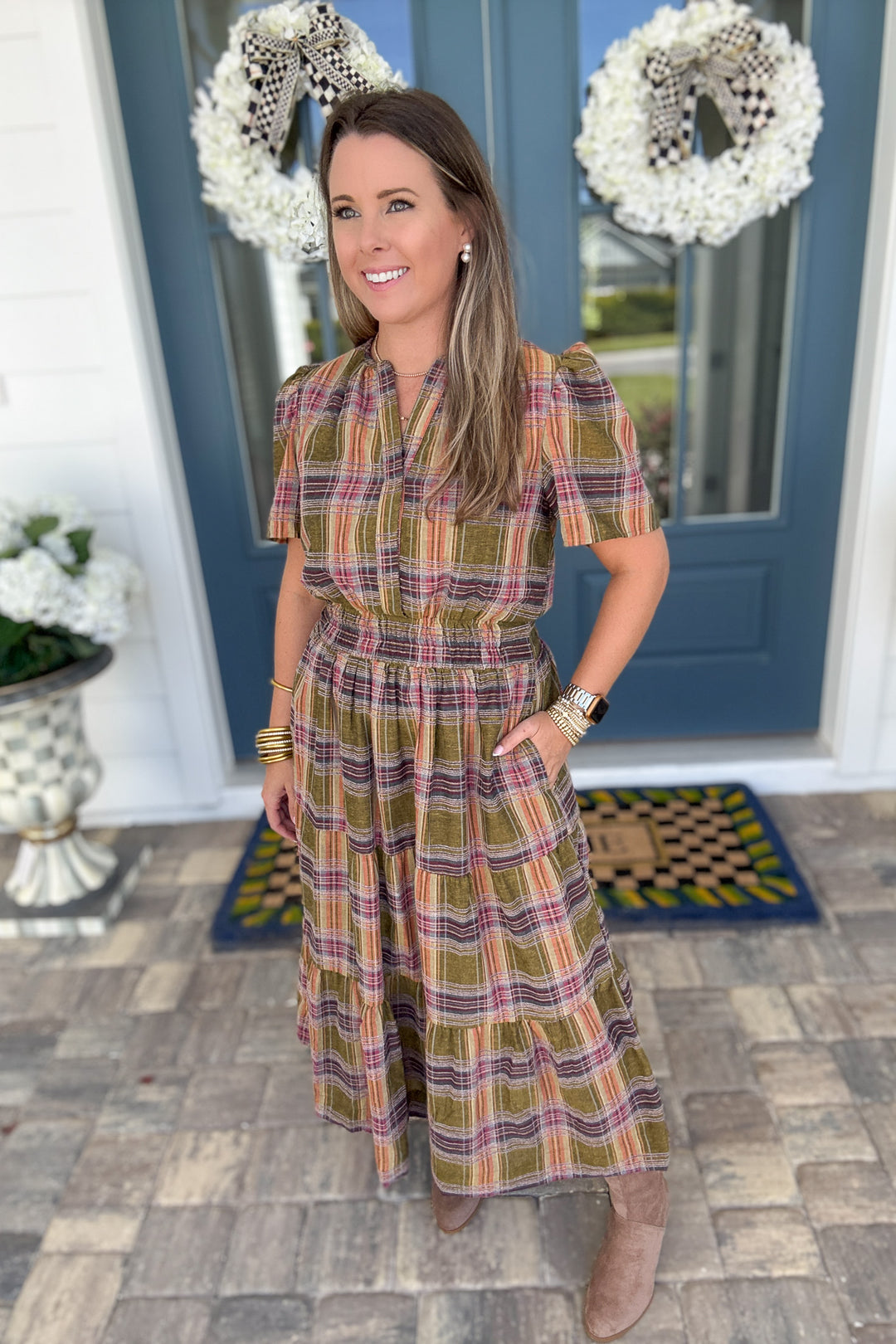 THML: Harvest Plaid Smocked Midi Dress