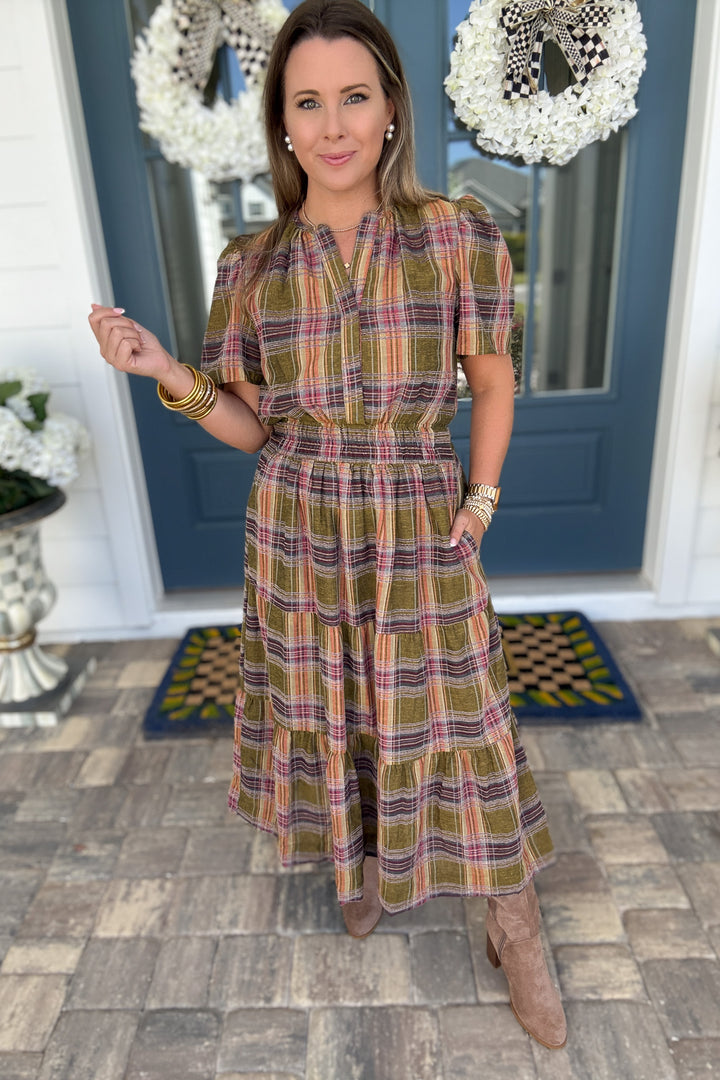 THML: Harvest Plaid Smocked Midi Dress