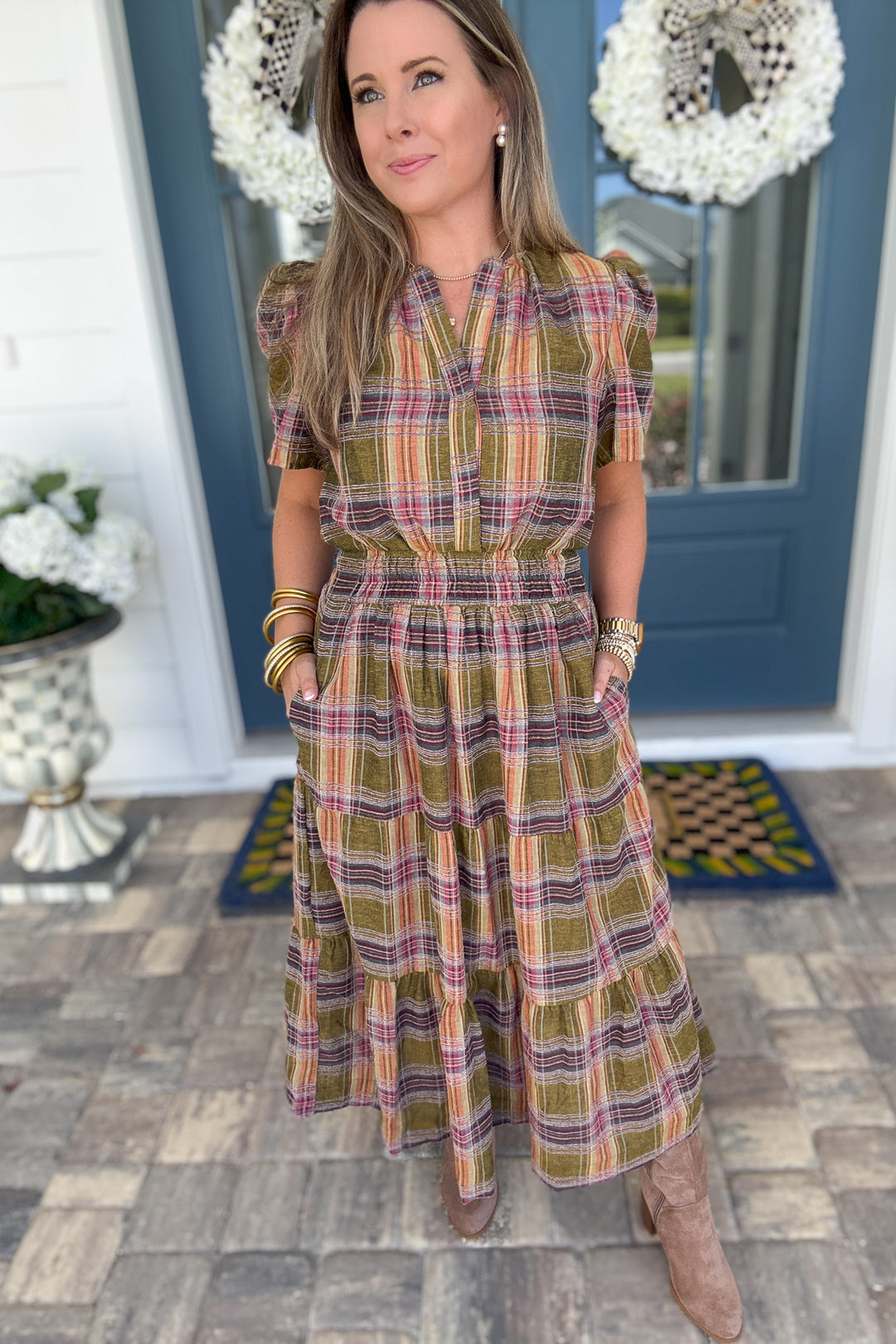 THML: Harvest Plaid Smocked Midi Dress