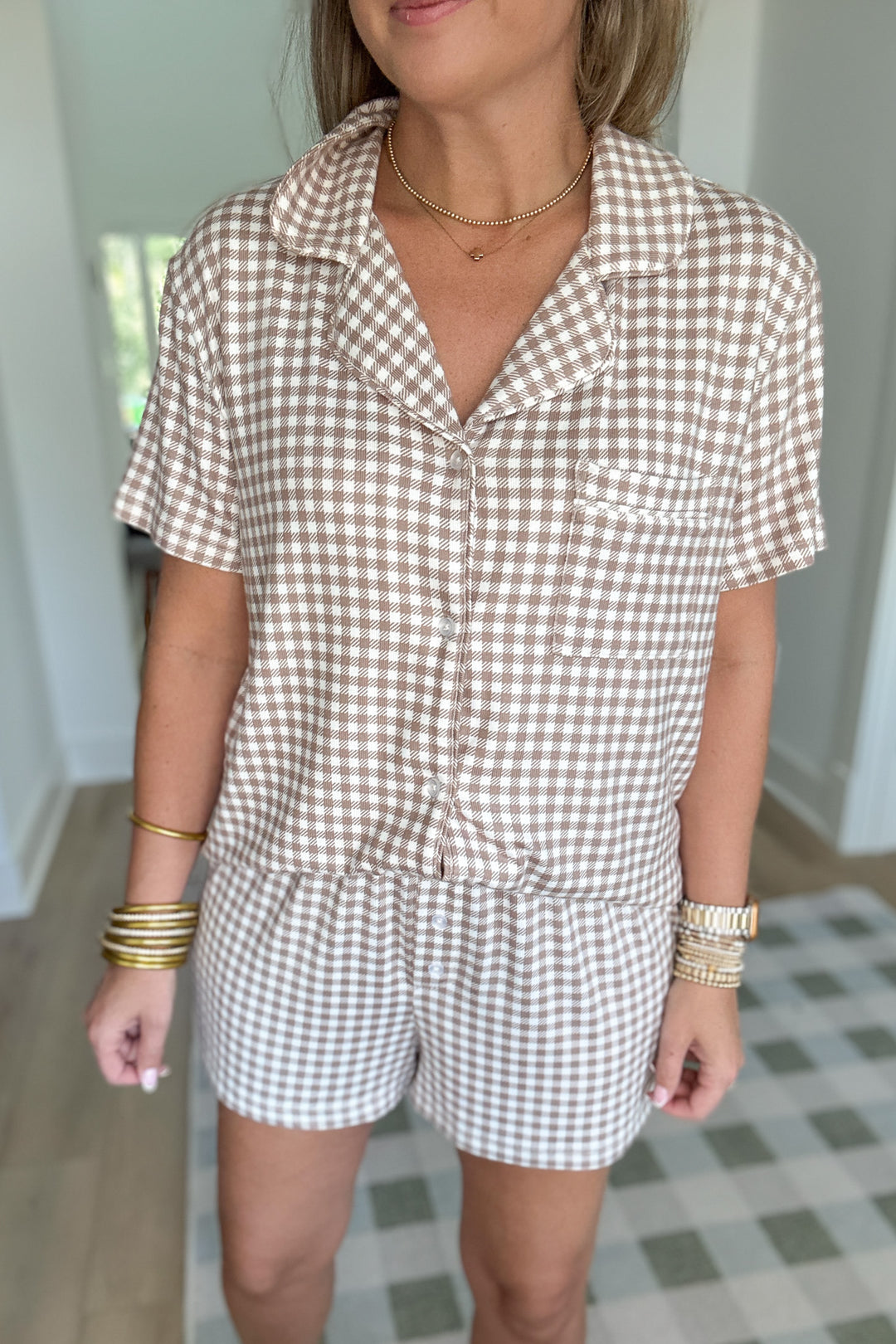 Z Supply: Amy Gingham PJ Top - Iced Coffee