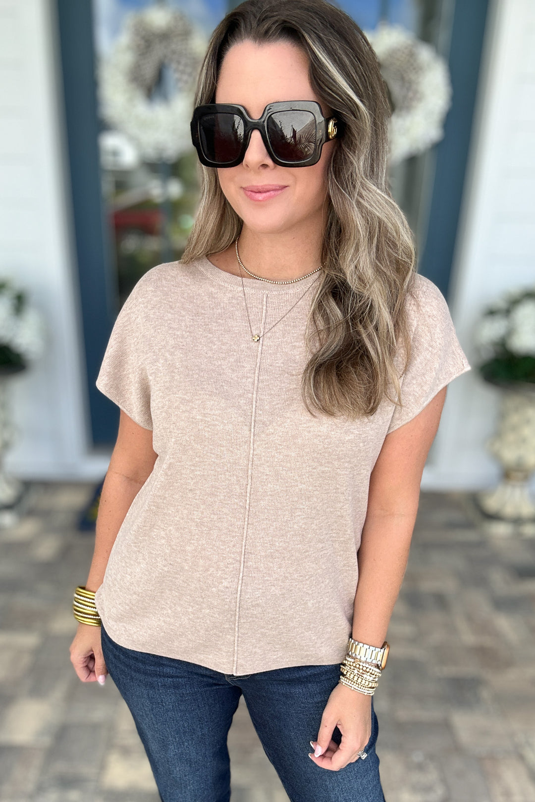 Line Up Short Sleeve Sweater Top - Taupe