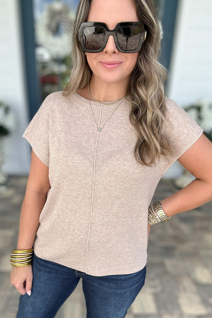 Line Up Short Sleeve Sweater Top - Taupe